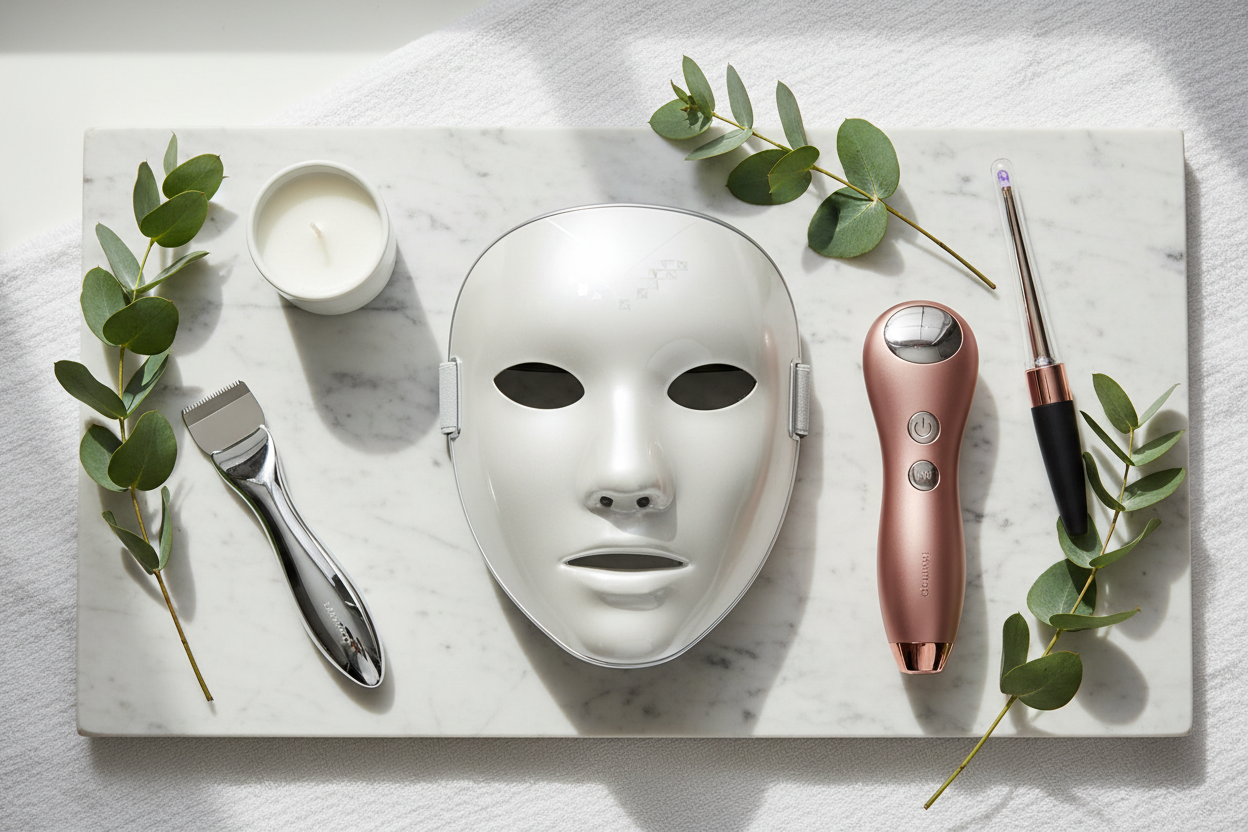 Luxury beauty tech devices flat lay on white marble surface