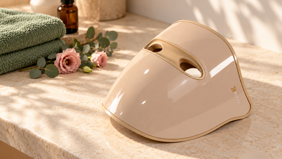 Blyss Helio LED mask on an ivory vanity beside sage-green towels, eucalyptus and pink flowers.