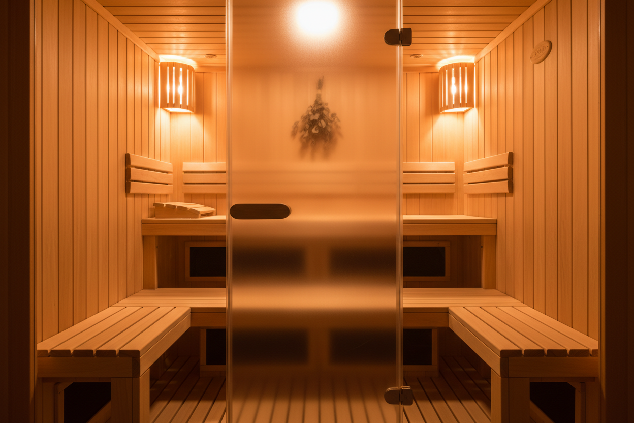 Premium cedar infrared sauna with warm glowing amber light and eucalyptus bundle