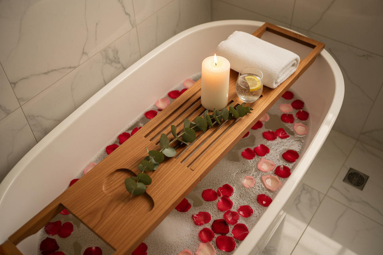 A luxury bath tray with candle, eucalyptus and rose petals on a marble soaking tub