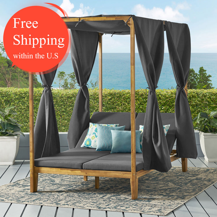 Luxury Acacia Wood Garden Daybed for 2 with Canopy & Curtains