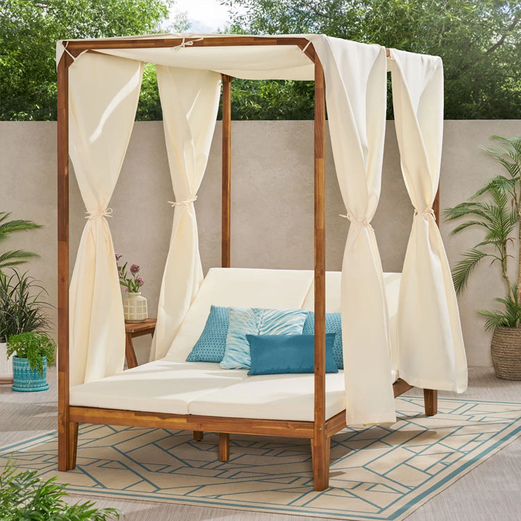 Luxury Acacia Wood Garden Daybed for 2 with Canopy & Curtains