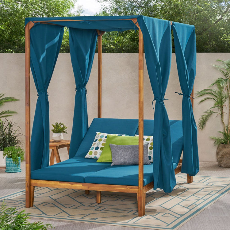 Luxury Acacia Wood Garden Daybed for 2 with Canopy & Curtains