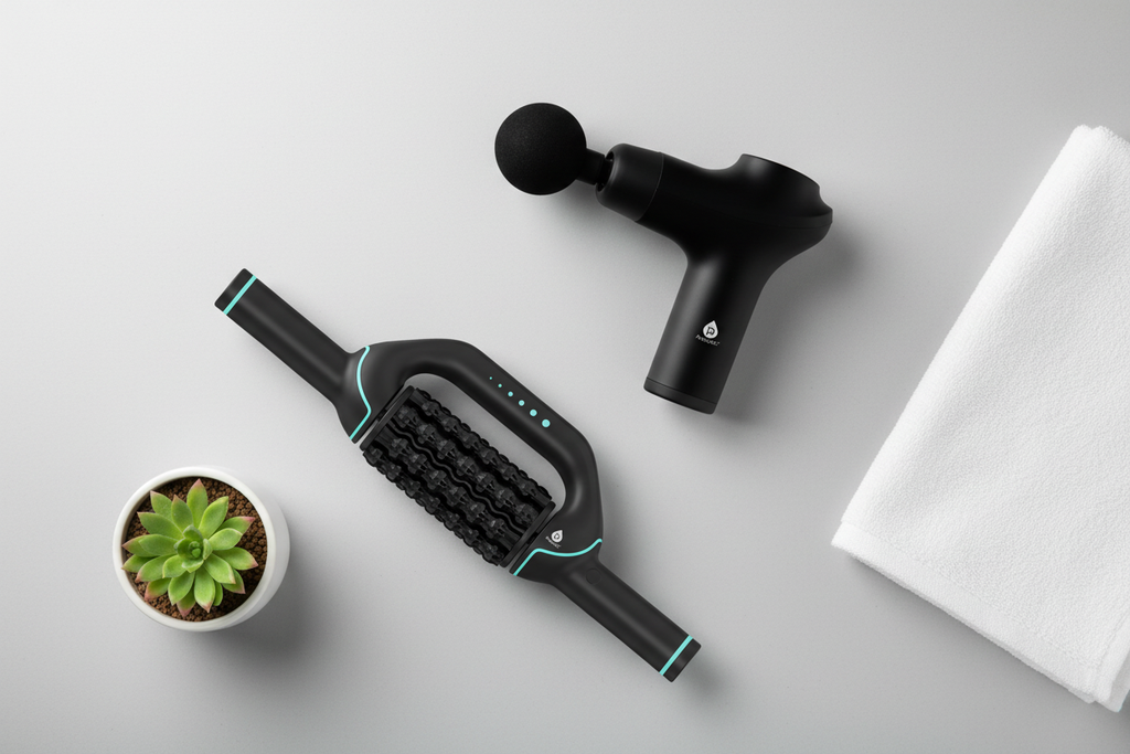 Ultimate Relaxation Duo flat lay — percussion gun and rolling massager with teal accents