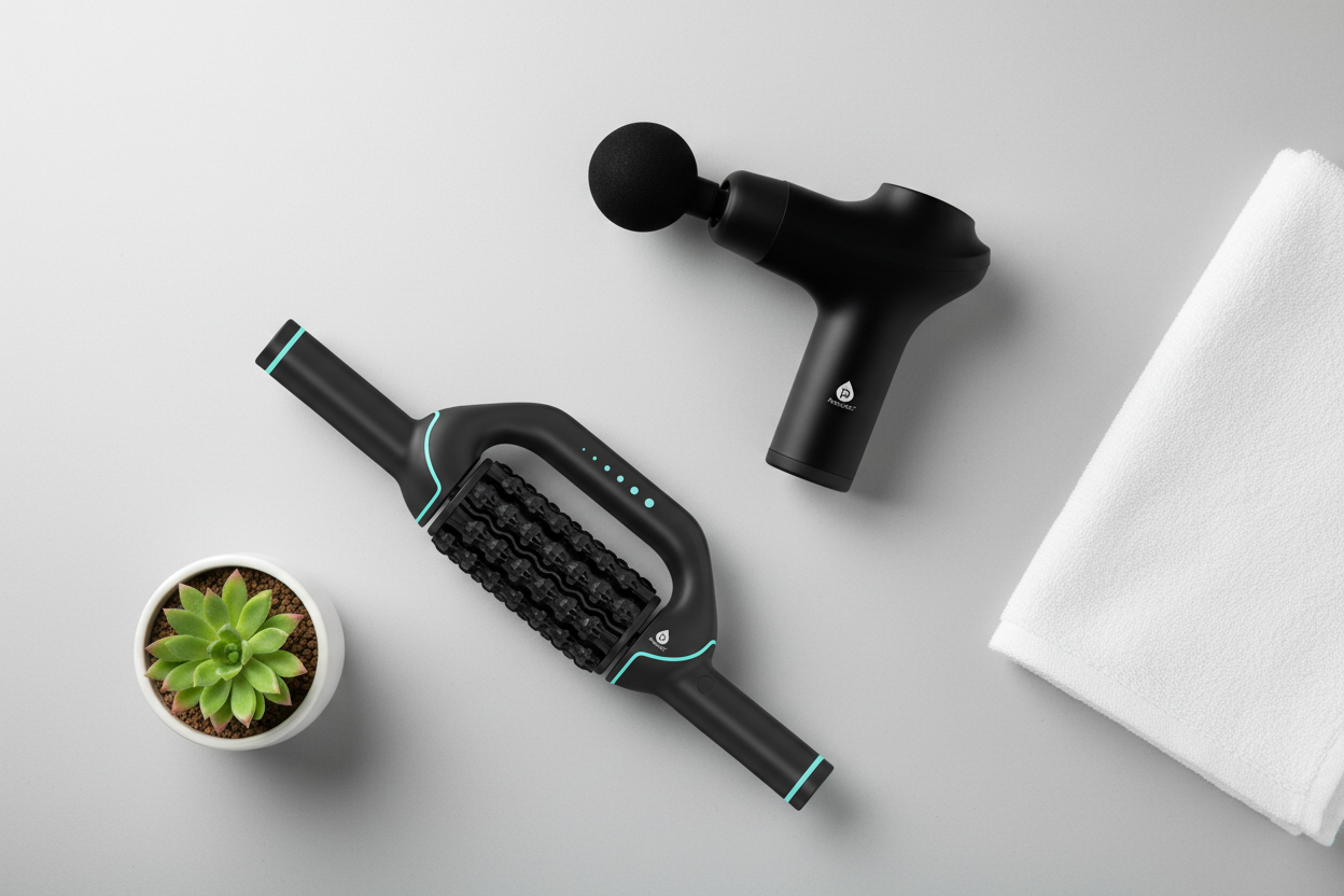 Ultimate Relaxation Duo flat lay — percussion gun and rolling massager with teal accents