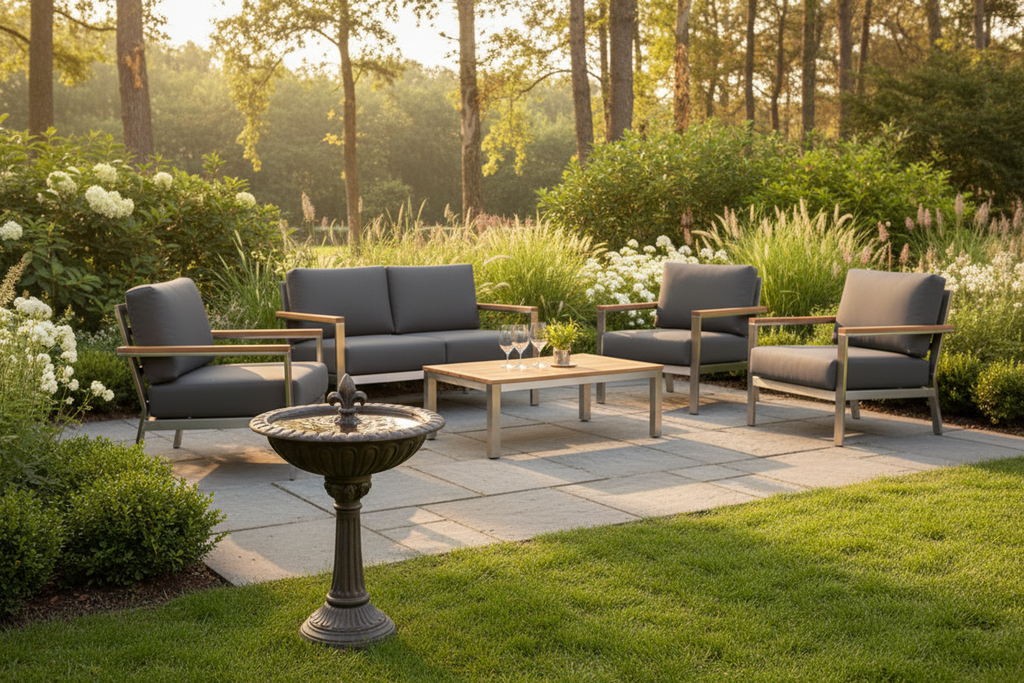 Luxury outdoor garden lifestyle with bronze birdbath and HIGOLD patio furniture
