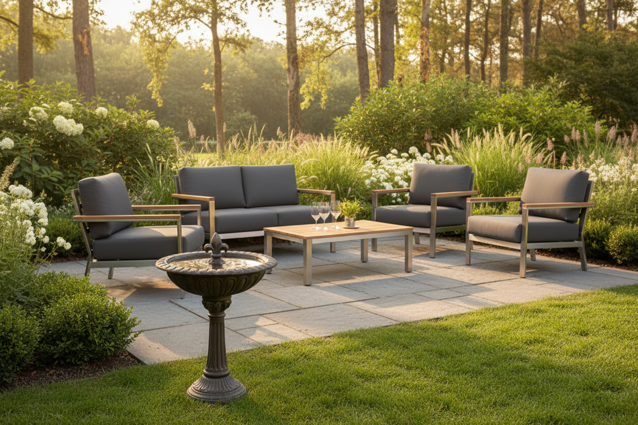 Luxury outdoor garden lifestyle with bronze birdbath and HIGOLD patio furniture