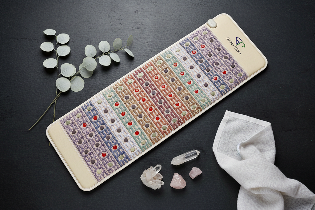 Gemstone Infrared Red Light Therapy Mat flat lay with spa accessories
