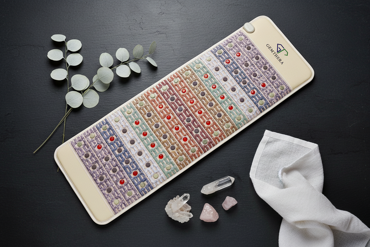 Gemstone Infrared Red Light Therapy Mat flat lay with spa accessories