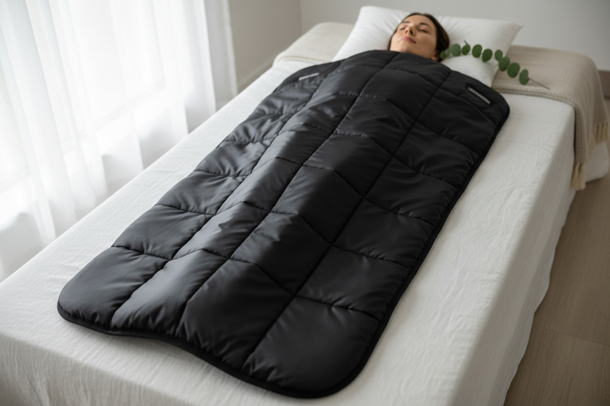 AURAVITA Infrared Sauna Wrap viewed from the foot end — full length visible with person relaxing inside on a white linen daybed