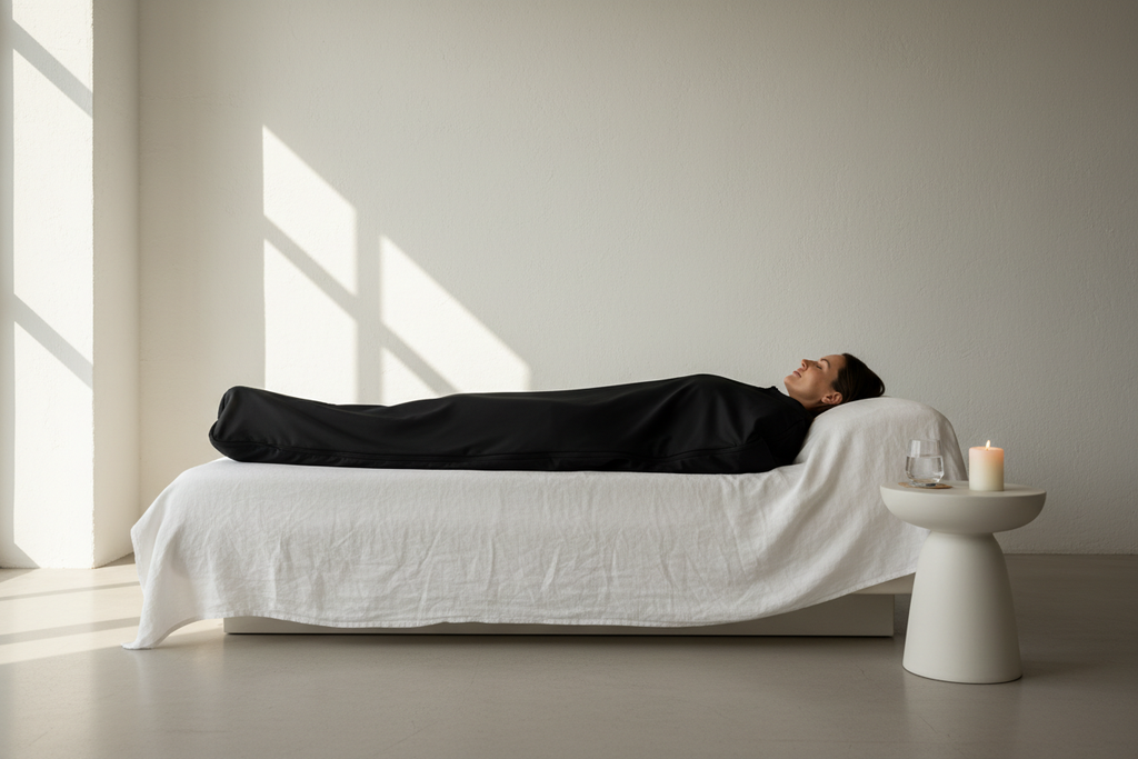 Person relaxing inside AURAVITA Infrared Sauna Wrap on a white linen daybed in a luxury spa setting