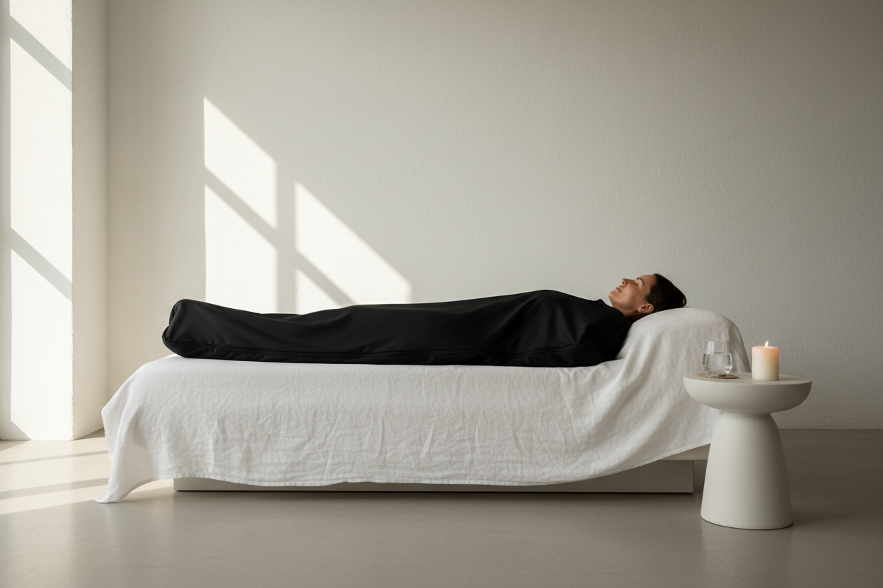 Person relaxing inside AURAVITA Infrared Sauna Wrap on a white linen daybed in a luxury spa setting