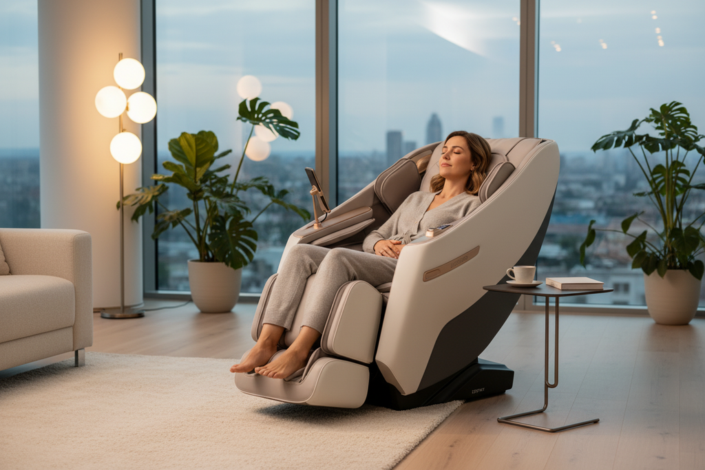 Person fully reclined and relaxing in cream and grey zero gravity full body massage chair in modern living room
