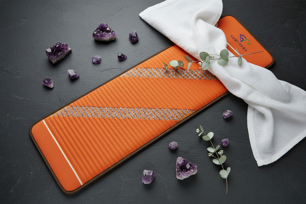 Amethyst Infrared Heat Mat flat lay with raw crystals and eucalyptus