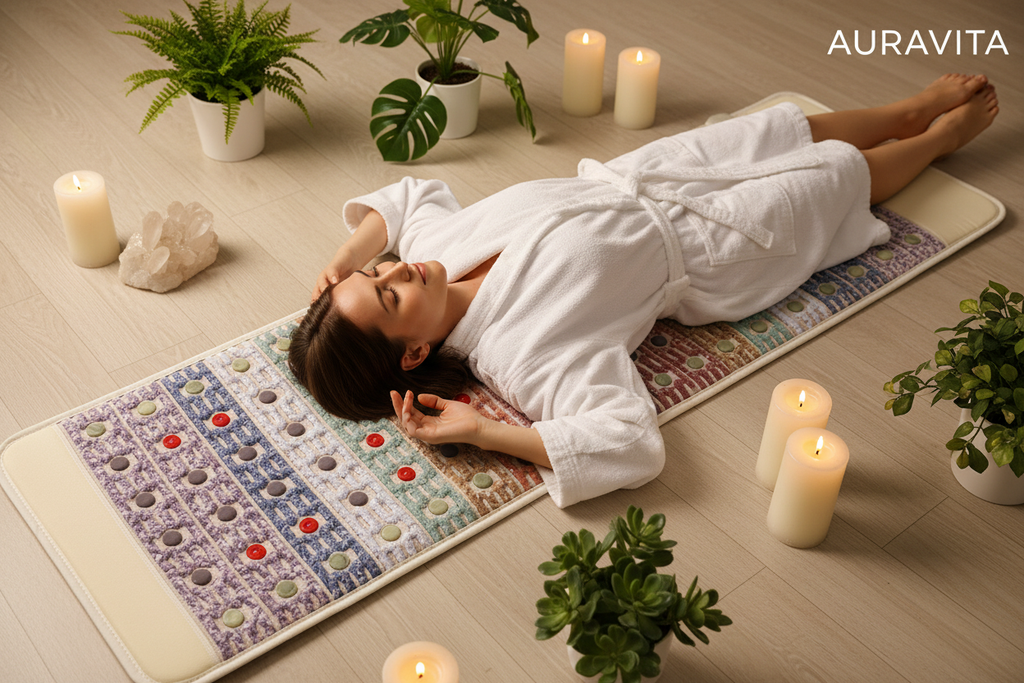 Woman lying on Gemstone Infrared Red Light Therapy Mat in luxury spa setting