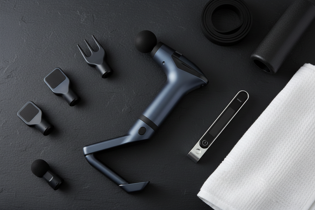 Percussion massage gun flat lay with interchangeable head attachments