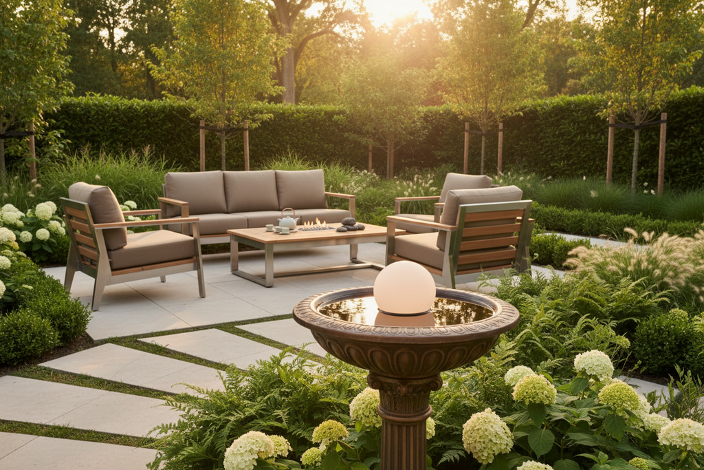 Luxury outdoor garden lifestyle with bronze birdbath and HIGOLD patio furniture