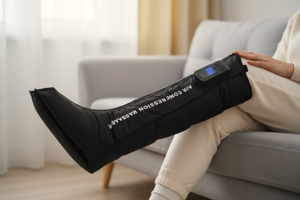 Close-up of black air compression leg massager boot worn on leg with control panel visible