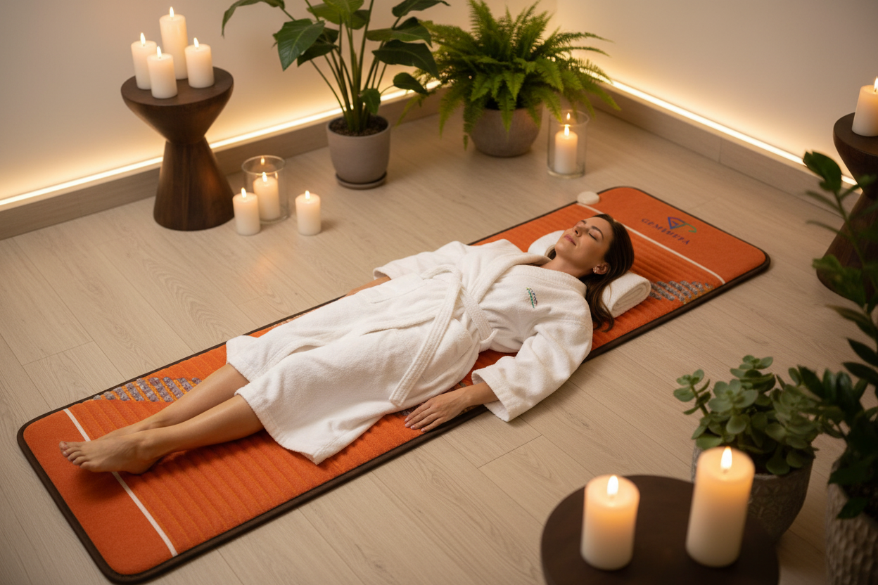 Woman in white robe lying on Amethyst Infrared Heat Mat in luxury spa setting