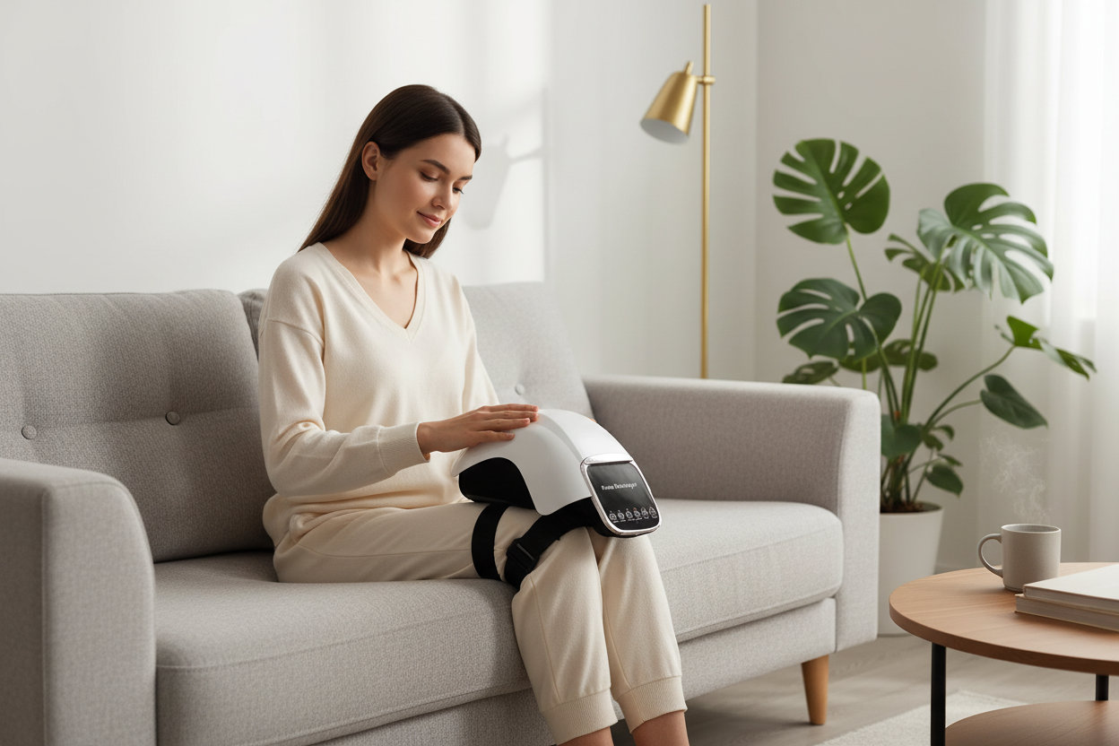 Person sitting on couch wearing Smart Heated Knee Massager with control panel facing upward